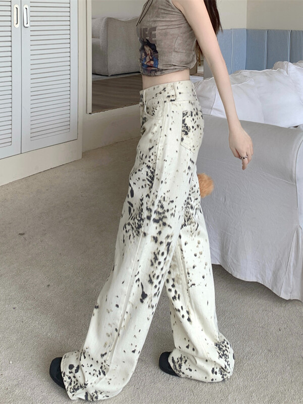 2024 Jaapani 2000S Style Y2K White Leopard Baggy Uued Teksad Püksid Naistele Riided Laia säärega Naistepüksid Pantalones Esteetilised
