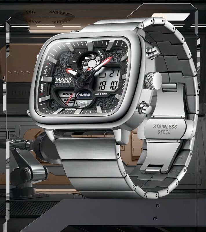 2024 m. Prabangūs vyriški kvadratiniai kvarciniai laikrodžiai Unikalaus dizaino nerūdijančio plieno laikrodžiai Madingi daugiafunkcis elektroninis vyriškas rankinis laikrodis Naujas