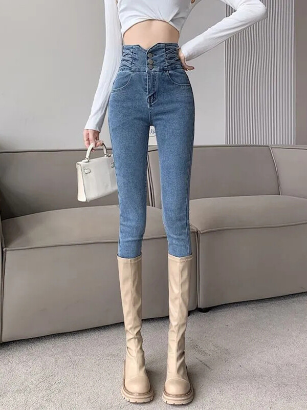 Chic Skinny Pencil Jeans visokog struka Ženske vintage rastezljive uske traper hlače Korejski dizajn Ležerna ulična odjeća Jednobojni kot Pantolon