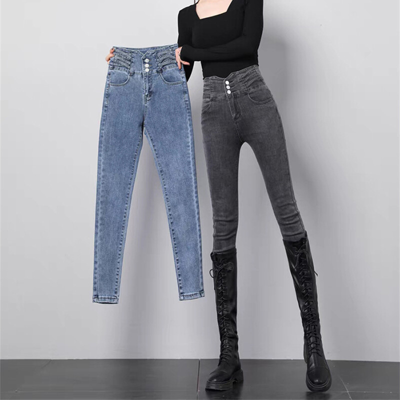Chic Skinny Pencil Jeans visokog struka Ženske vintage rastezljive uske traper hlače Korejski dizajn Ležerna ulična odjeća Jednobojni kot Pantolon