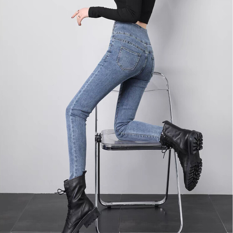 Chic Skinny Pencil Jeans visokog struka Ženske vintage rastezljive uske traper hlače Korejski dizajn Ležerna ulična odjeća Jednobojni kot Pantolon