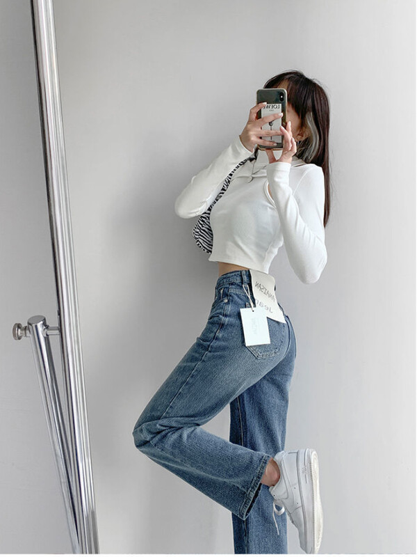 Blugi Femei Europa și Statele Unite ale Americii largi, cu talie înaltă, subțire, tub drept, pantaloni largi de toamnă albastru închis pantaloni până la podea