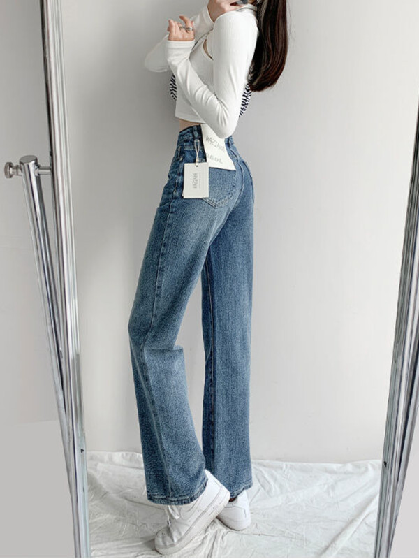 Blugi Femei Europa și Statele Unite ale Americii largi, cu talie înaltă, subțire, tub drept, pantaloni largi de toamnă albastru închis pantaloni până la podea