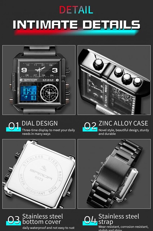 Двоен дисплей Бизнес мъжки спортен часовник Моден ежедневен квадратен електронен часовник Готини светещи мъжки часовници от неръждаема стомана
