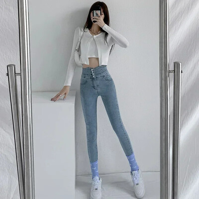 Vintage korejski stil Izdubljene Harajuku elegantne nove ulične traperice za slobodno vrijeme Ženske uske traperice s džepnim džepom Tanke ženske traperice s gumbima