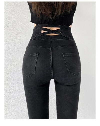 Vintage korejski stil Izdubljene Harajuku elegantne nove ulične traperice za slobodno vrijeme Ženske uske traperice s džepnim džepom Tanke ženske traperice s gumbima