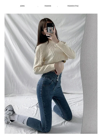 Vintage korejski stil Izdubljene Harajuku elegantne nove ulične traperice za slobodno vrijeme Ženske uske traperice s džepnim džepom Tanke ženske traperice s gumbima