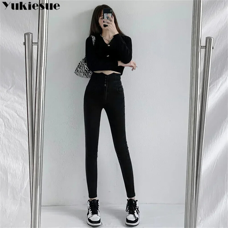 Vintage korejski stil Izdubljene Harajuku elegantne nove ulične traperice za slobodno vrijeme Ženske uske traperice s džepnim džepom Tanke ženske traperice s gumbima