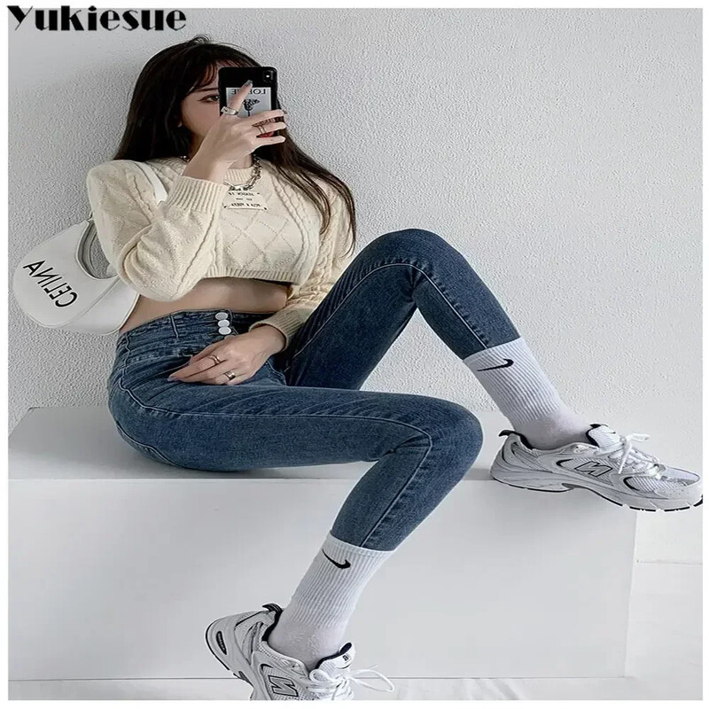 Vintage korejski stil Izdubljene Harajuku elegantne nove ulične traperice za slobodno vrijeme Ženske uske traperice s džepnim džepom Tanke ženske traperice s gumbima