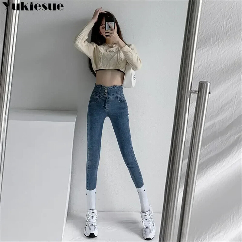 Vintage korejski stil Izdubljene Harajuku elegantne nove ulične traperice za slobodno vrijeme Ženske uske traperice s džepnim džepom Tanke ženske traperice s gumbima