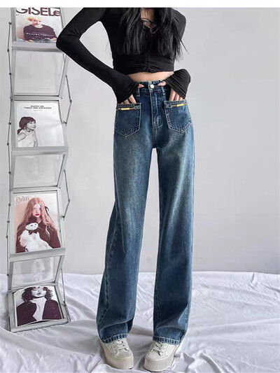 Ženski džepni dizajn Vintage isprane plave traperice Cool Girl Street Unisex hlače Modni donji dio Ženske ravne hlače visokog struka