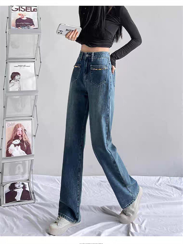 Ženski džepni dizajn Vintage isprane plave traperice Cool Girl Street Unisex hlače Modni donji dio Ženske ravne hlače visokog struka