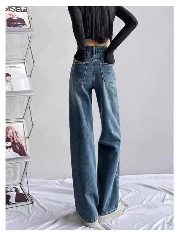 Ženski džepni dizajn Vintage isprane plave traperice Cool Girl Street Unisex hlače Modni donji dio Ženske ravne hlače visokog struka