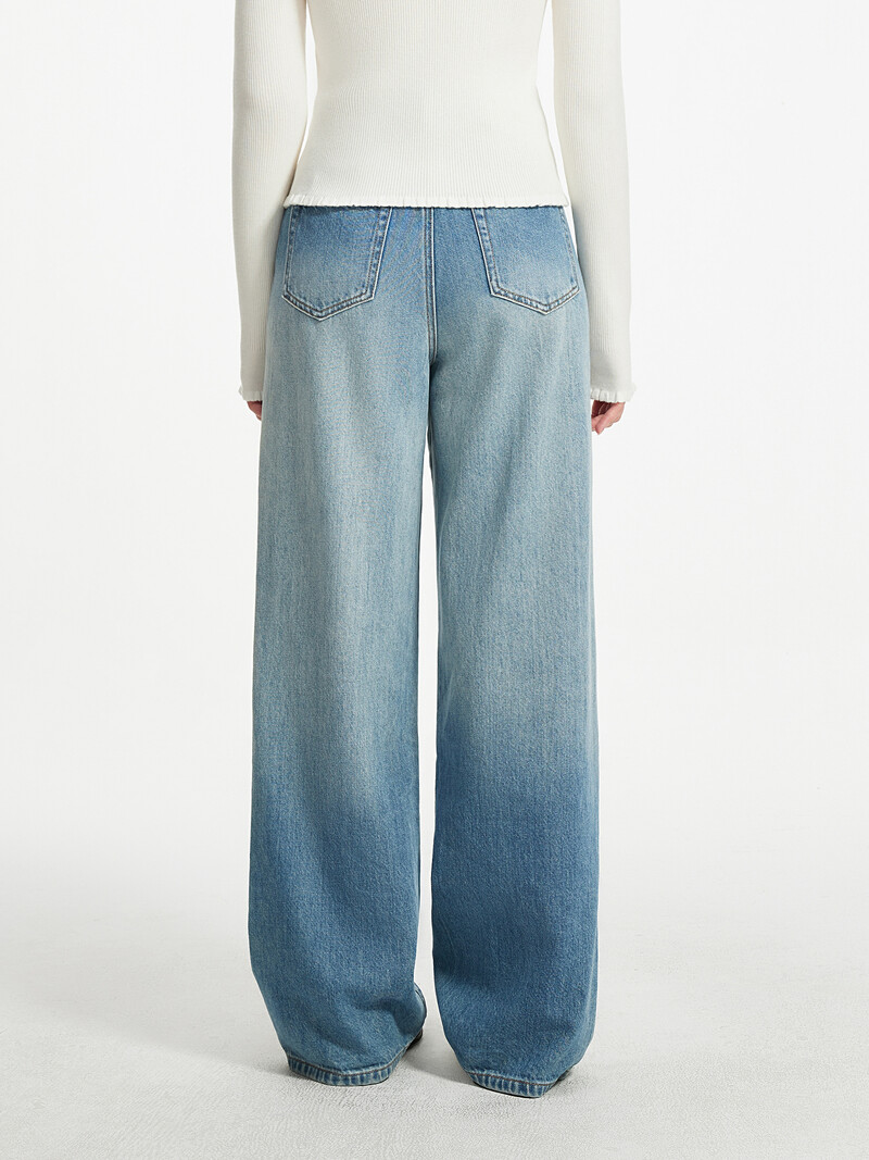 FSLE retro pestud gradient laia säärega sirged teksad 2024 uus disain, mitmekülgne vabaaja kõrge vöökohaga püksid 24FS13018