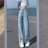 Kõrge vöökohaga salendavad püksid, pika säärega teksad naistele, suvised küljelõhised, vabad sirge säärega püksid