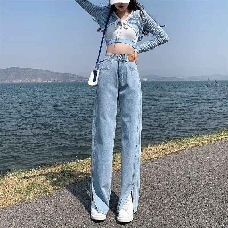 Kõrge vöökohaga salendavad püksid, pika säärega teksad naistele, suvised küljelõhised, vabad sirge säärega püksid