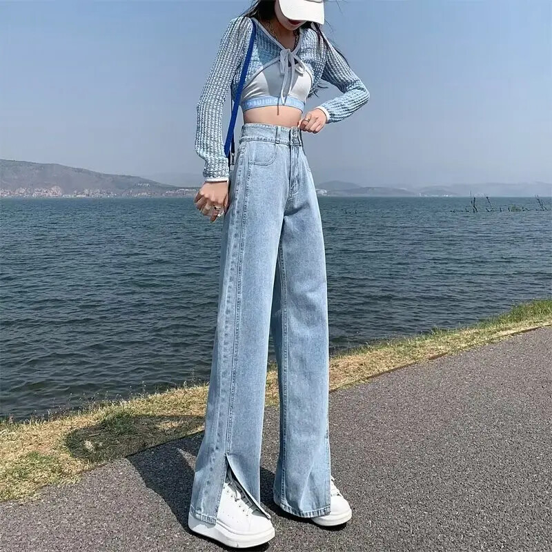 Kõrge vöökohaga salendavad püksid, pika säärega teksad naistele, suvised küljelõhised, vabad sirge säärega püksid