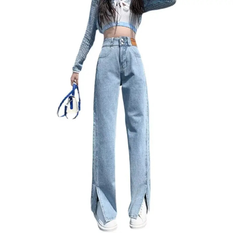 Kõrge vöökohaga salendavad püksid, pika säärega teksad naistele, suvised küljelõhised, vabad sirge säärega püksid