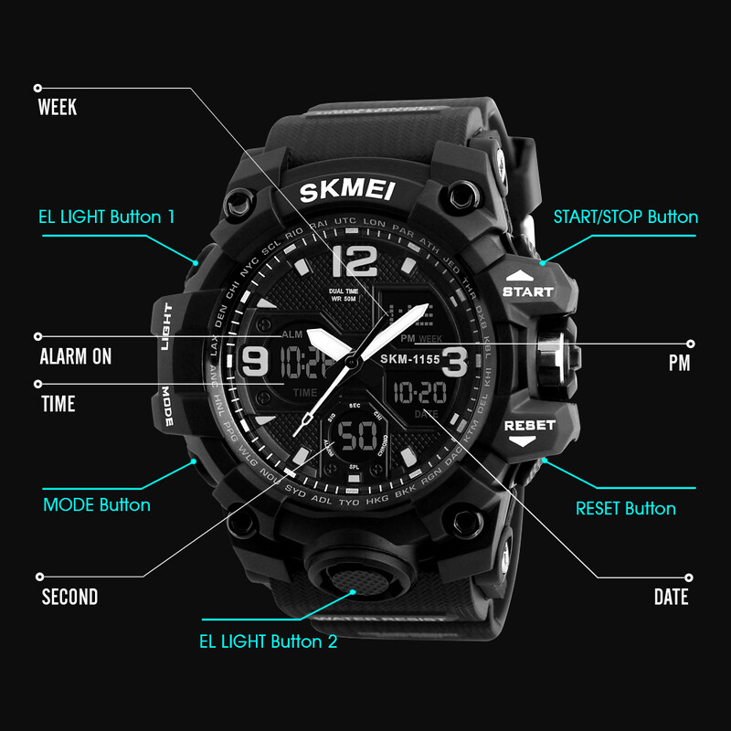 SKMEI 2 Time Ceas de exterior pentru bărbați Ceasuri sport electronice pentru bărbați Cronometru Lumină din spate Alarma Ceas cu quartz rezistent la apă reloj hombre