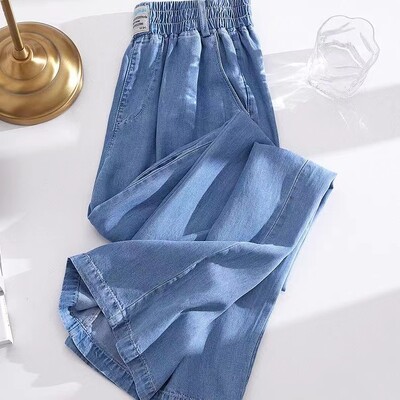 Ravne traperice do gležnja, ljetne široke traper široke nogavice s elastičnim visokim strukom, široke široke hlače Ženske prevelike hlače 4xl Pantalone Plave Vaqueros