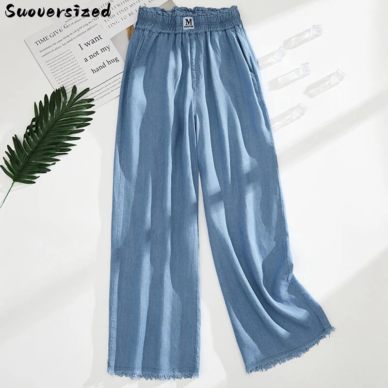 Ravne traperice do gležnja, ljetne široke traper široke nogavice s elastičnim visokim strukom, široke široke hlače Ženske prevelike hlače 4xl Pantalone Plave Vaqueros