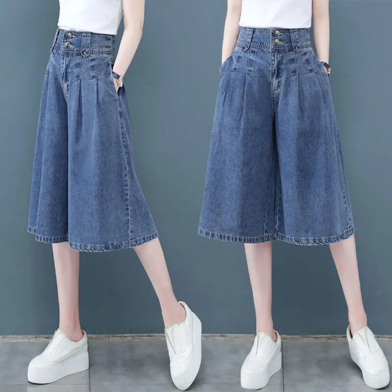 Tianxi Denim Bell Bottom naiste 7/10 suvised õhukesed vabaaja püksid, kõrge vöökohaga sirge säärega püksid, keskmise pikkusega teksad