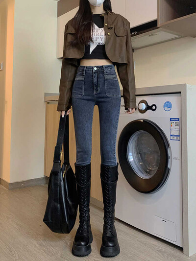 Blugi cu talie înaltă femei 2024 toamnă și iarnă noi pantaloni elastici cu cravată în stil înaltă, strâmți, subțiri