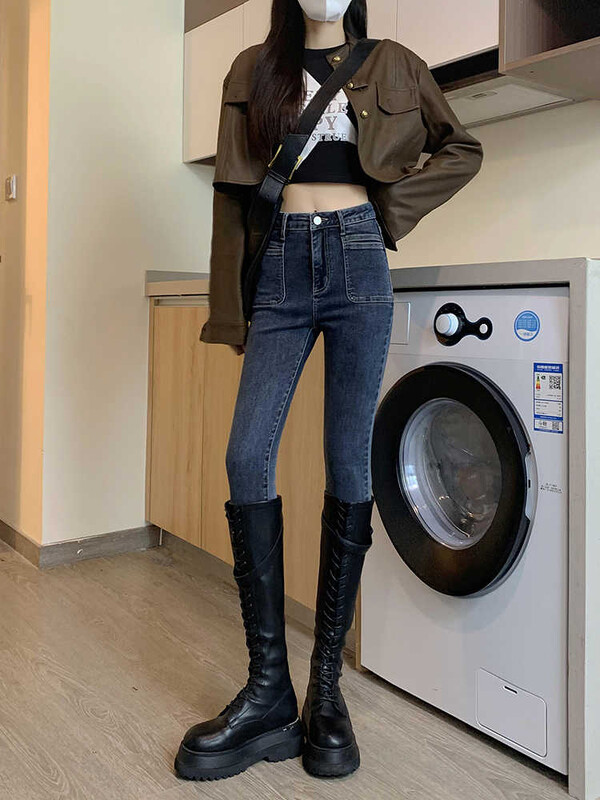 Blugi cu talie înaltă femei 2024 toamnă și iarnă noi pantaloni elastici cu cravată în stil înaltă, strâmți, subțiri