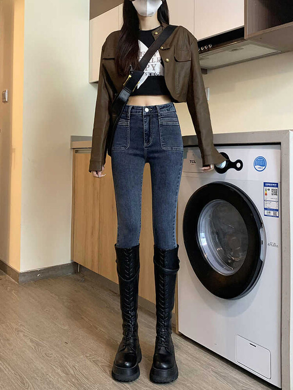 Blugi cu talie înaltă femei 2024 toamnă și iarnă noi pantaloni elastici cu cravată în stil înaltă, strâmți, subțiri