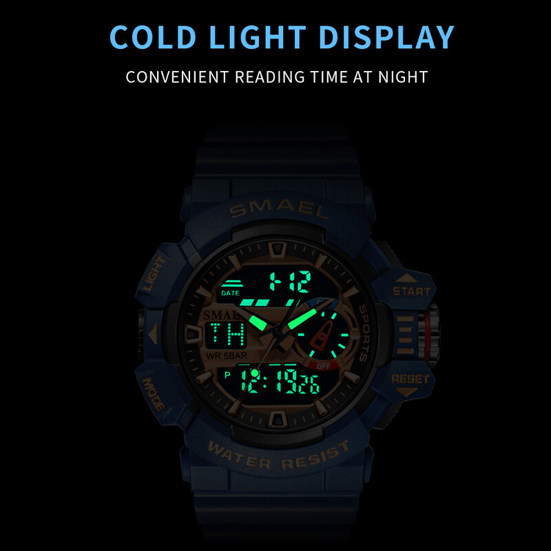 SMAEL Vojni muški satovi Sportski satovi Muški luksuzni vrhunski digitalni ručni satovi Vodootporni 5Bar Alarm Elektronski sat 8043