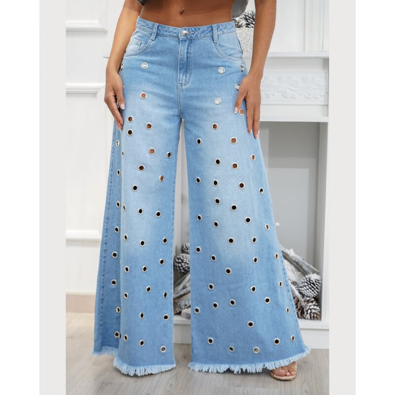 Y2k Streetwear Blugi albaștri Pantaloni de femeie largi Pantaloni largi Pantaloni casual de denim cu design la modă Blugi cu găuri 2024 NOU