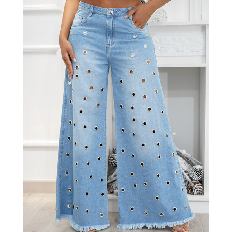 Y2k Streetwear Blugi albaștri Pantaloni de femeie largi Pantaloni largi Pantaloni casual de denim cu design la modă Blugi cu găuri 2024 NOU