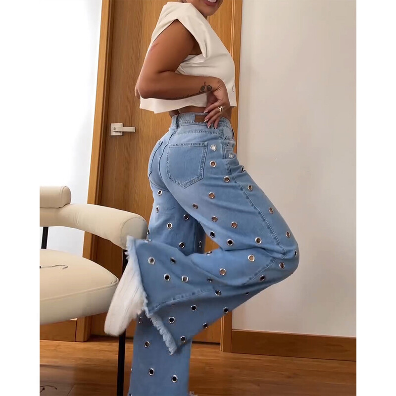 Y2k Streetwear Blugi albaștri Pantaloni de femeie largi Pantaloni largi Pantaloni casual de denim cu design la modă Blugi cu găuri 2024 NOU