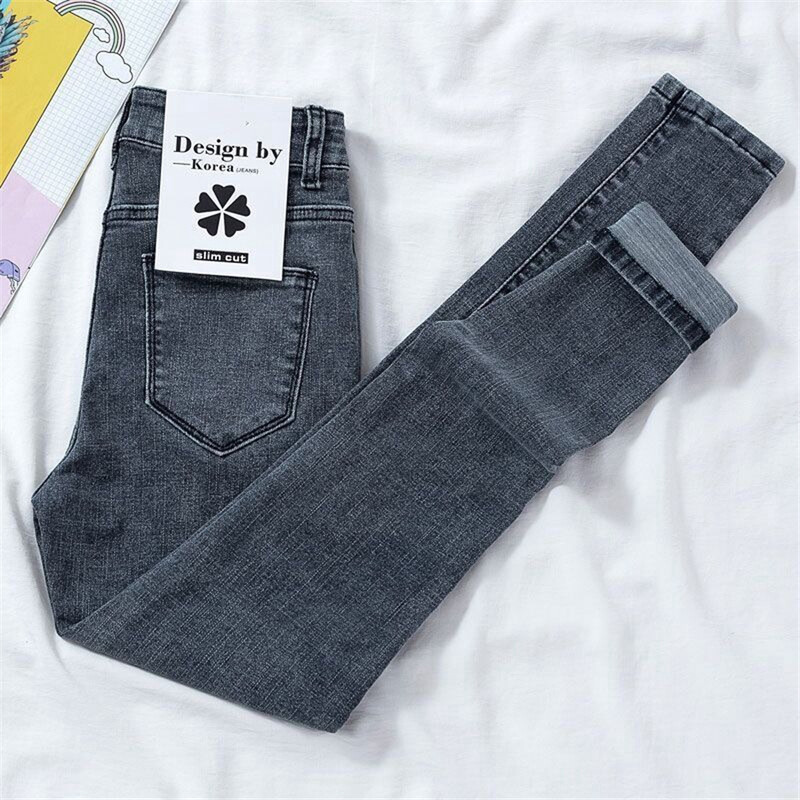 Blugi creion subțiri până la glezne cu talie înaltă pentru femei Pantaloni skinny coreeni Pantaloni vintage albaștri din denim Pantaloni casual Stretch Vaqueros