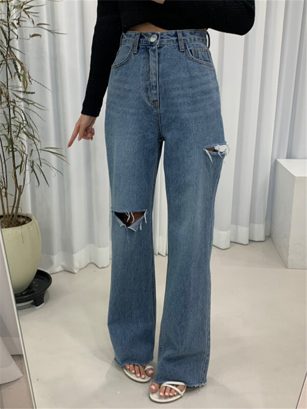 REALEFT Spring Summer Hole naiste laia säärega teksapüksid 2023, uued kõrge vöökohaga vabaaja tänavasinine kauboi teksad šikid naiste püksid