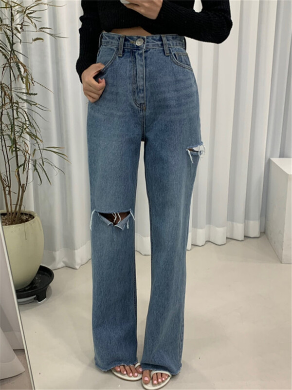 REALEFT Spring Summer Hole naiste laia säärega teksapüksid 2023, uued kõrge vöökohaga vabaaja tänavasinine kauboi teksad šikid naiste püksid