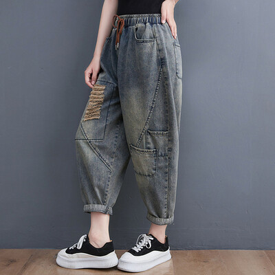 2024, naiste kevadsuvi, uued lapilised lahtised teksapüksid, naiste suuremad teksad Naiste vabaaja vintage haaremipüksid S635