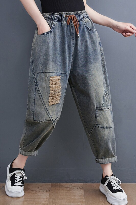 2024, naiste kevadsuvi, uued lapilised lahtised teksapüksid, naiste suuremad teksad Naiste vabaaja vintage haaremipüksid S635