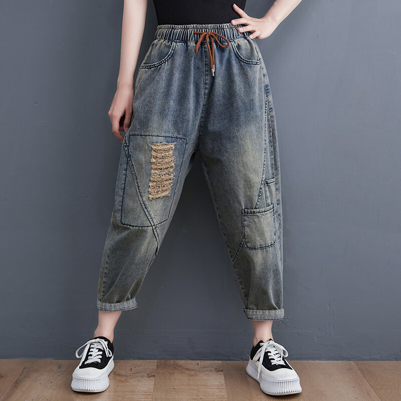 2024, naiste kevadsuvi, uued lapilised lahtised teksapüksid, naiste suuremad teksad Naiste vabaaja vintage haaremipüksid S635