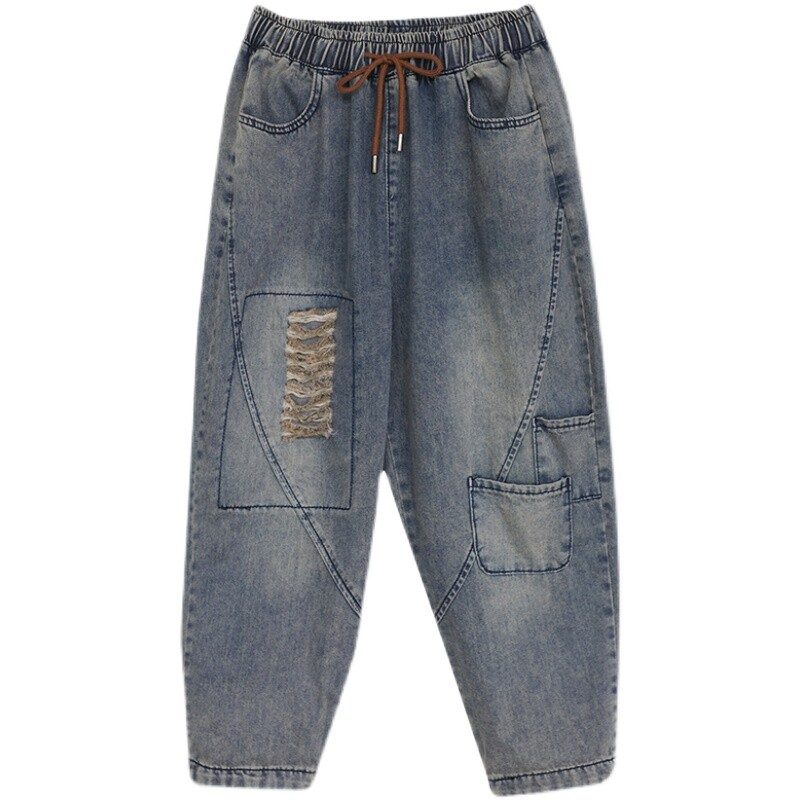 2024, naiste kevadsuvi, uued lapilised lahtised teksapüksid, naiste suuremad teksad Naiste vabaaja vintage haaremipüksid S635