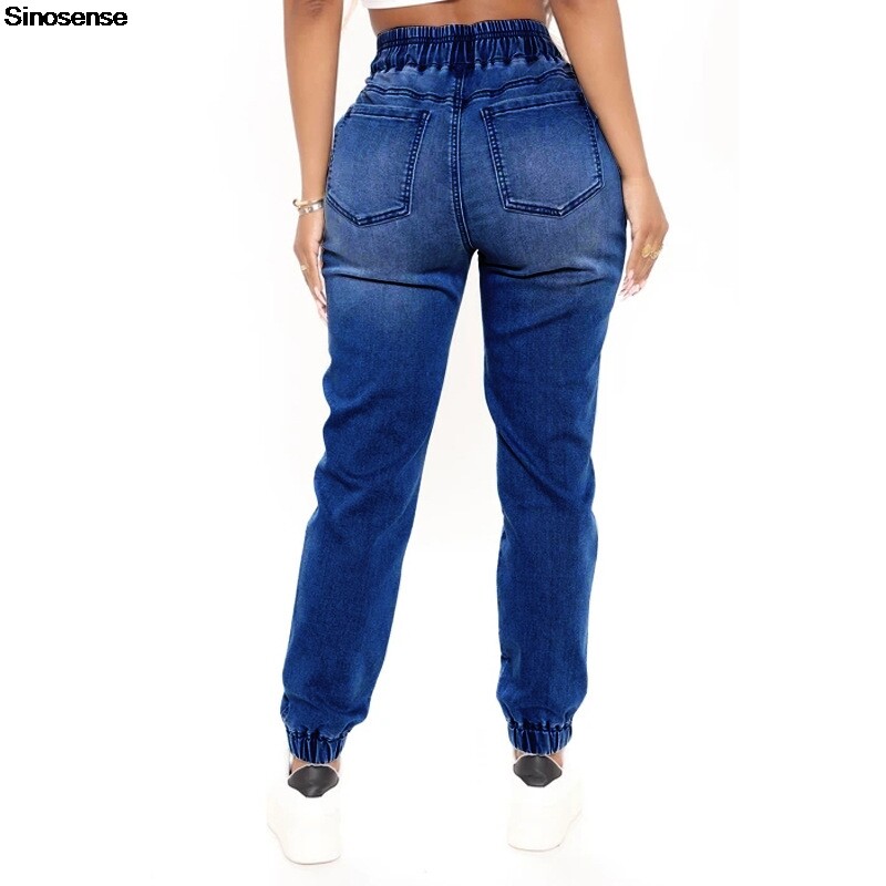 Naiste kõrge vöökohaga Jean Joggers elastne vöökoht, veniv vabaaja vabad teksapüksid, pingutusnööriga Y2K Streetwear pliiatspüksid