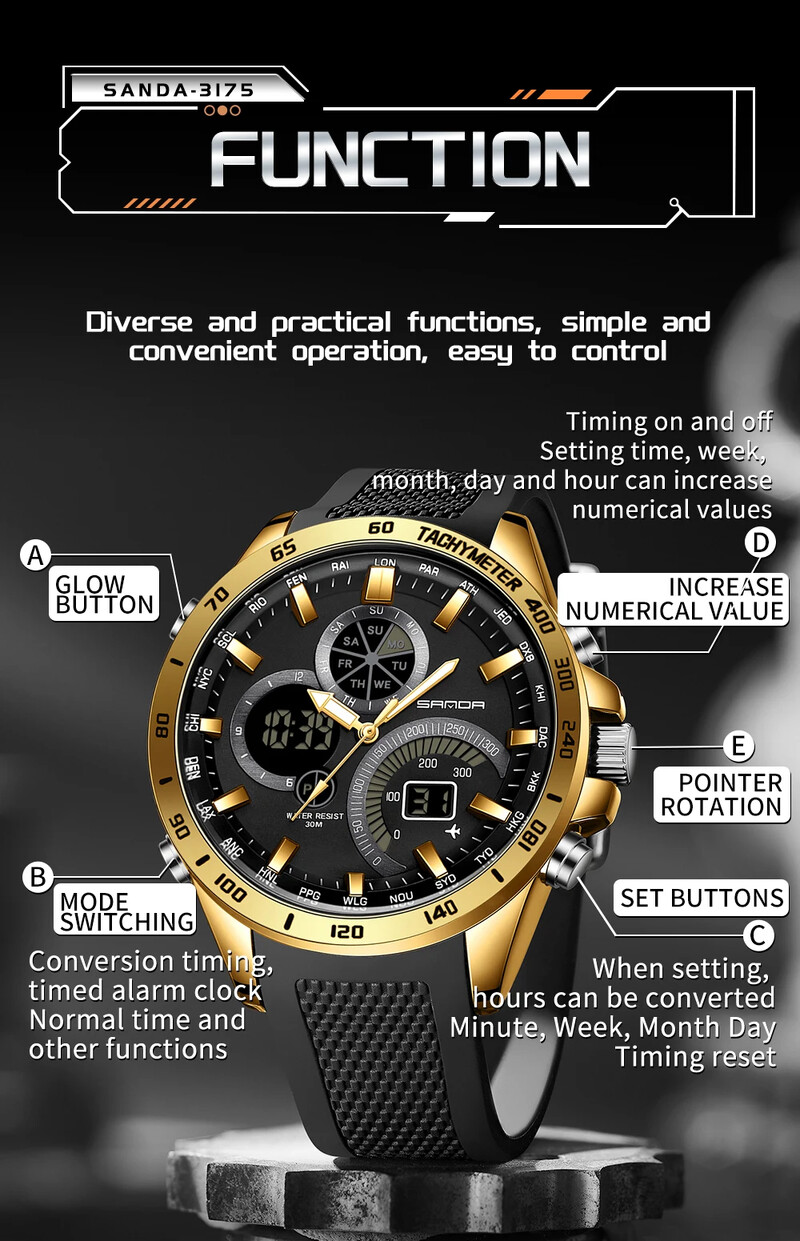 SANDA Brand 3175 Мъжки електронен кварцов часовник Steel Core Black Technology Многофункционален водоустойчив мъжки кварцов часовник