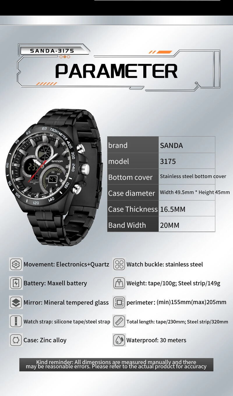 SANDA Brand 3175 Мъжки електронен кварцов часовник Steel Core Black Technology Многофункционален водоустойчив мъжки кварцов часовник