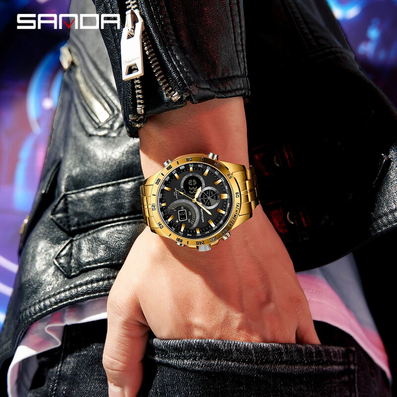 SANDA Brand 3175 Мъжки електронен кварцов часовник Steel Core Black Technology Многофункционален водоустойчив мъжки кварцов часовник