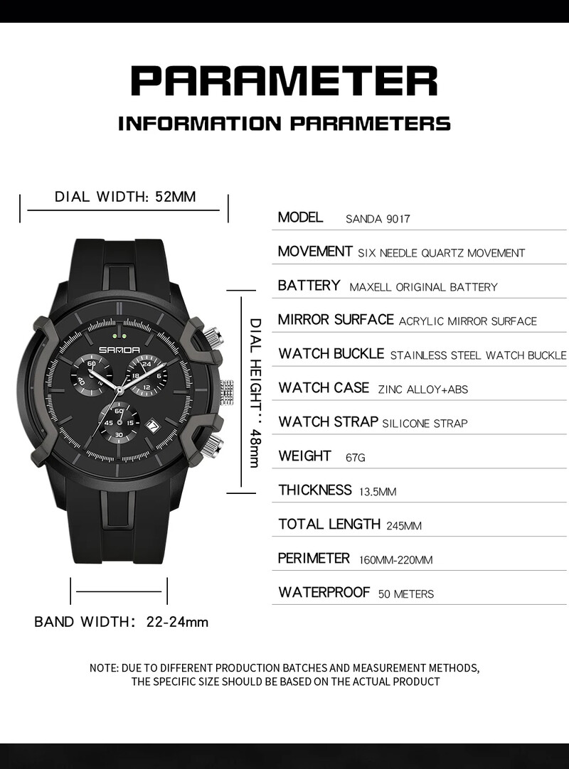 SANDA Vrhunski novi muški elektronički kvarcni sat s tri oka i šest igala vodootporan kalendarski sat 9017