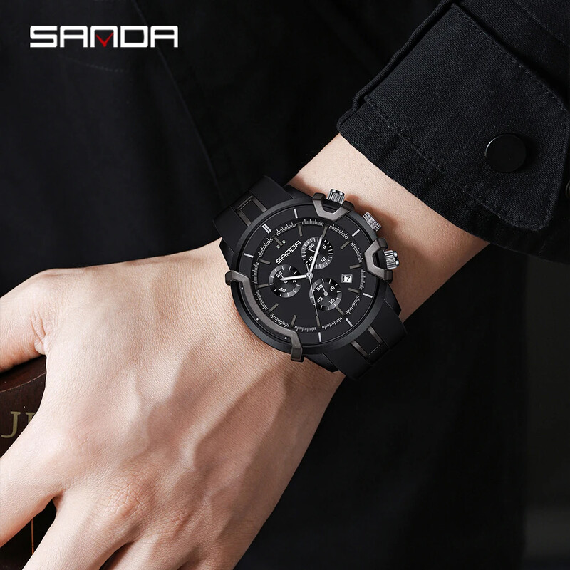 SANDA Vrhunski novi muški elektronički kvarcni sat s tri oka i šest igala vodootporan kalendarski sat 9017