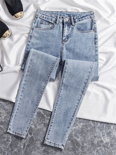 2024. gada džinsu bikses pavasara rudens džinsi sievietēm ar augstu vidukli, izdilis, silti, biezi džinsi.