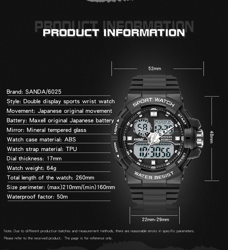 SANDA 6025 ceas digital pentru bărbați, militar, sport, ceas de mână cu quartz, ceas de mână de lux cu LED, impermeabil, pentru bărbați, cu quartz.