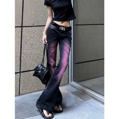 American Vintage Purple Jeans Γυναικείο High Street Design Τσέπες με φερμουάρ χαμηλή μέση με κουμπιά Loose Slim Micro Flare ίσιο παντελόνι