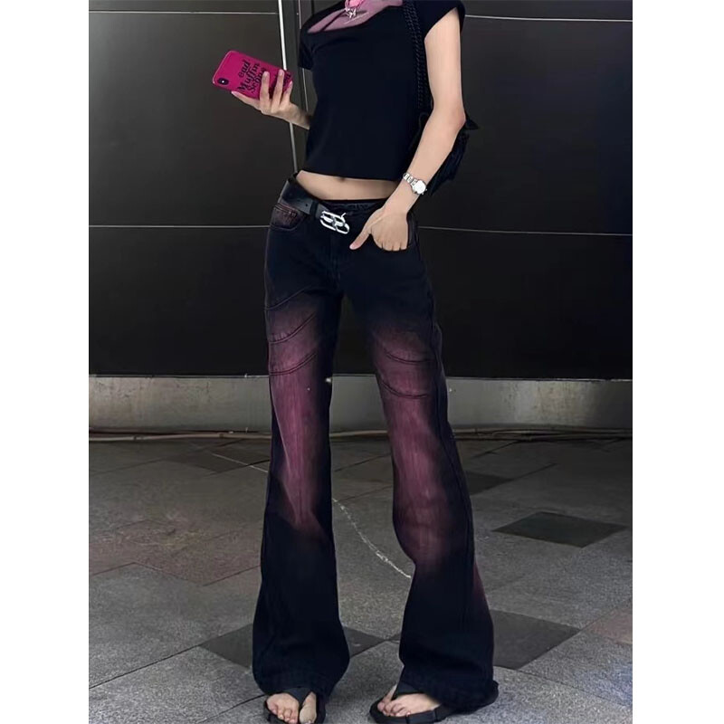 Blugi americani de epocă violet pentru femei, cu design de stradă, cu talie joasă, cu fermoar, buzunare cu nasturi, pantaloni drepți, subțiri, micro evazați.